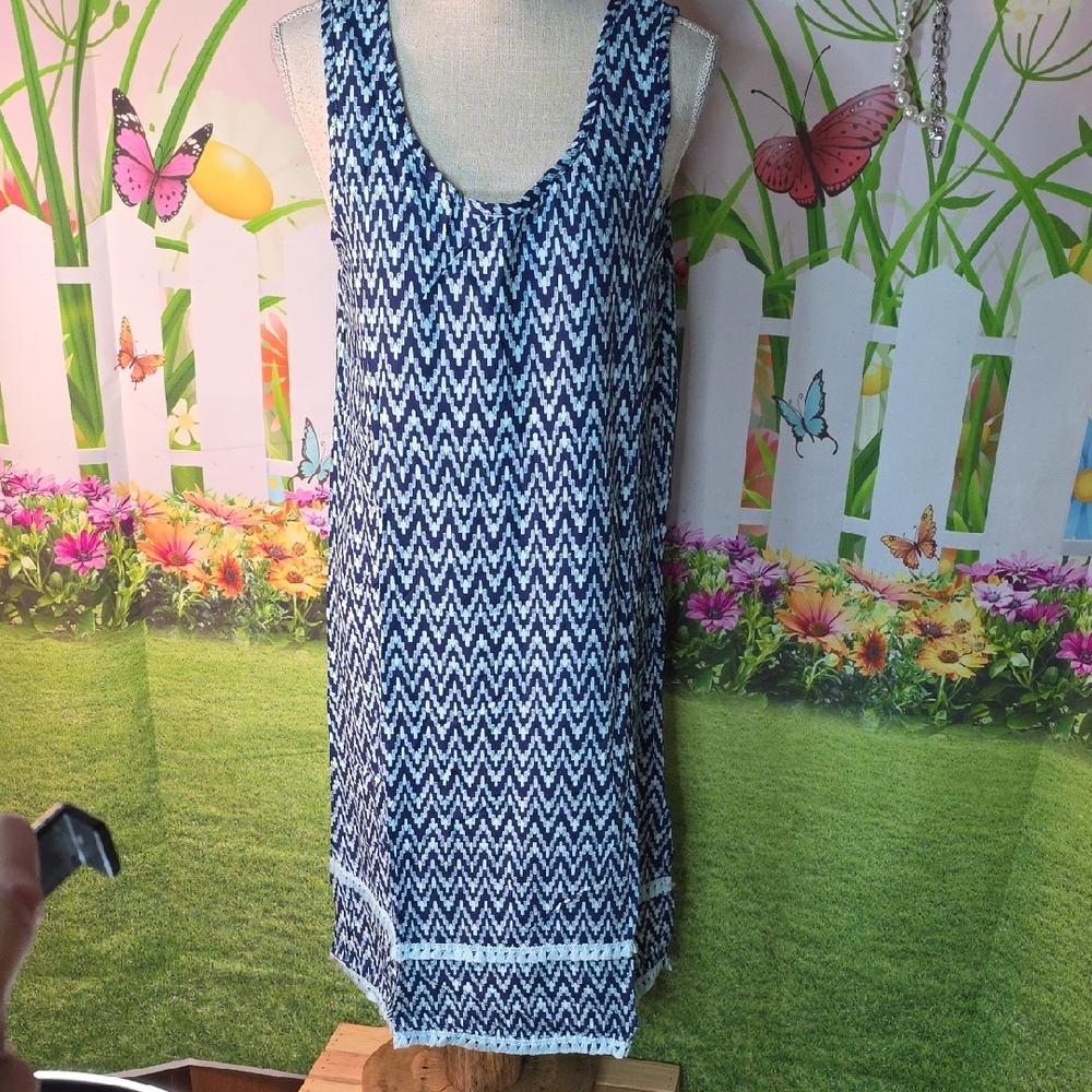 Roudelain Blue and White Chevron Sleeveless Midi Dress In Small